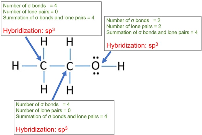 how to find hybridization of atoms in ethanol CH3CH2OH